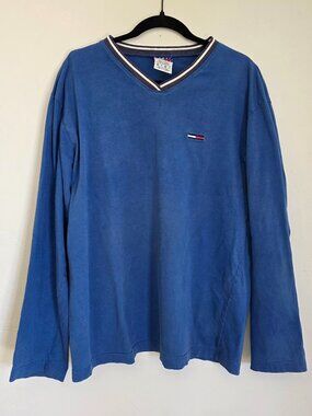Vintage Tommy Jeans V Neck Pullover | Striped Collar | Blue| XL